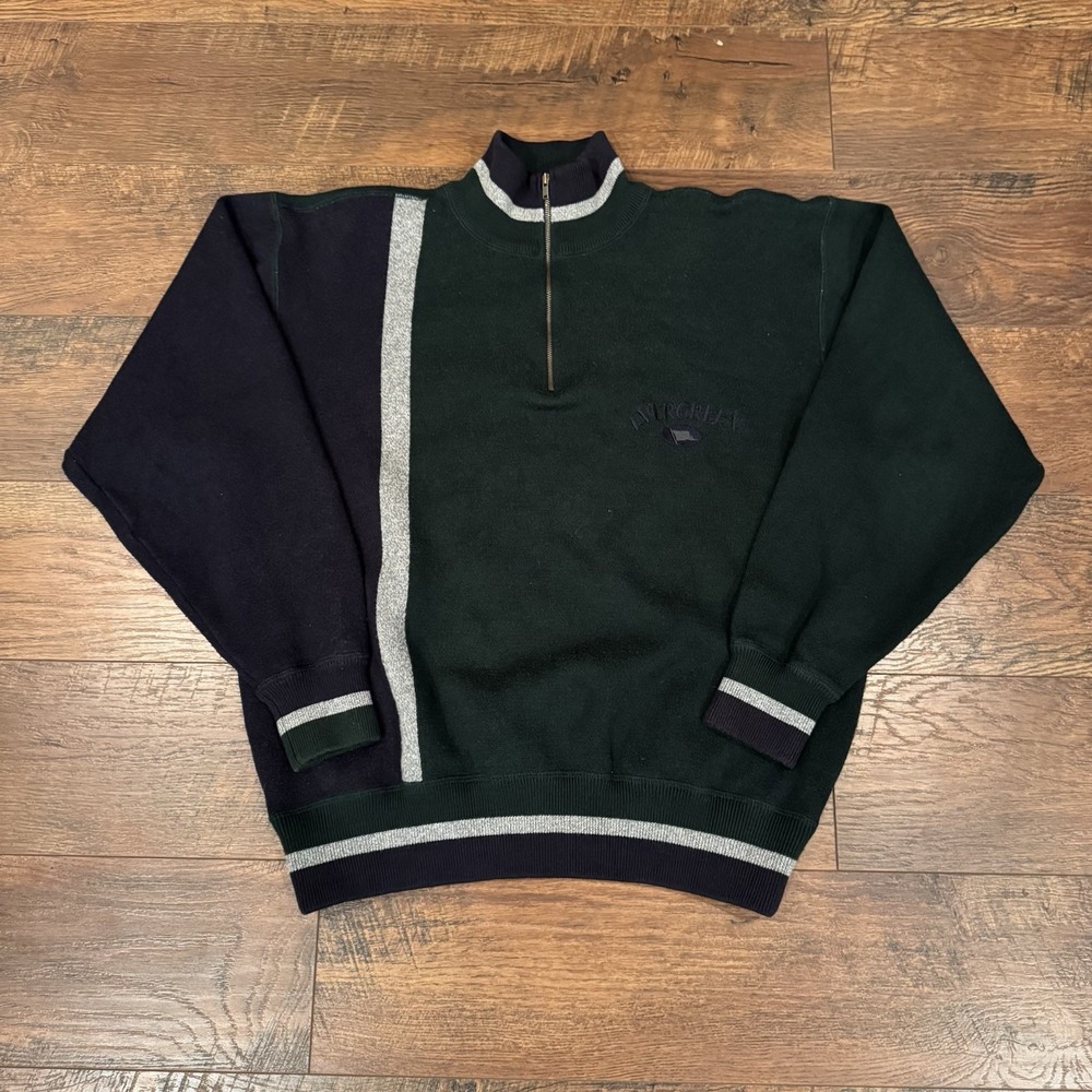 Vintage Evergreen 1/4 Zip Wool Sweater Men's Large Color Block Green Navy 90s